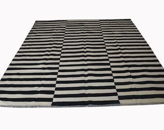 Black and Off-White Striped Area Rug, Custom Handwoven Wool Kilim Rug,  Boho Decor