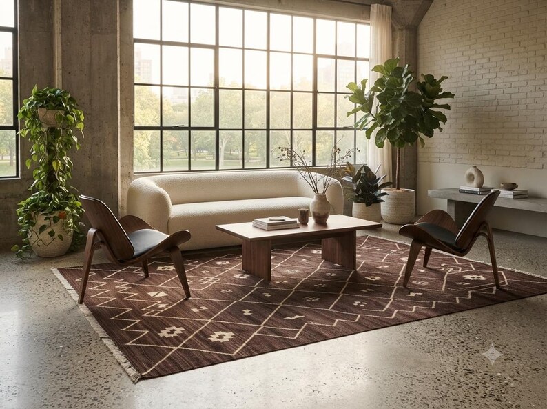 7x10 Brown Kilim Wool Rug, Handmade Geometric Diamond Area Rug, Custom Flatweave, boho decor image 10