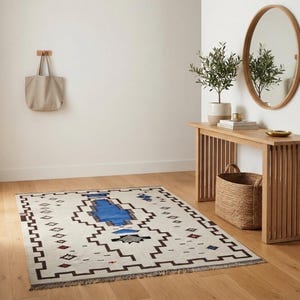 Handmade Wool Rug Custom Geometric Kilim Blue Grey Southwestern Area Rug Boho Wool Carpet image 15