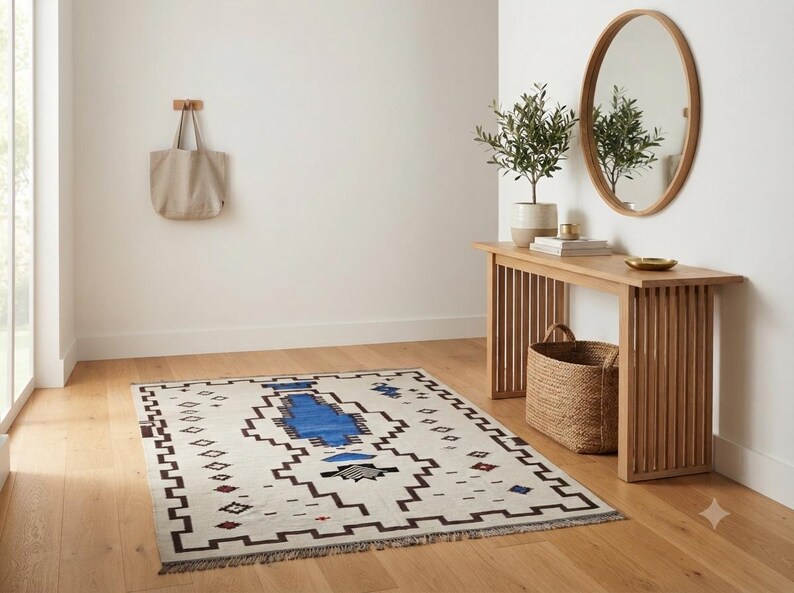 Handmade Wool Rug Custom Geometric Kilim Blue Grey Southwestern Area Rug Boho Wool Carpet image 15