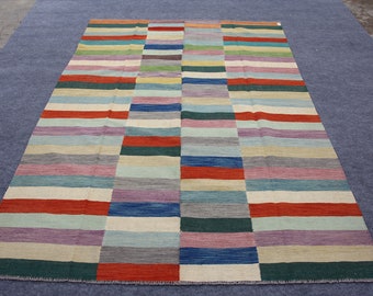 7x10 multi color flat weave kilim rug for dinning room, unique color striped kilim rug for officeSize= 6.7 X 9.9 feet - 205 X 302 CM