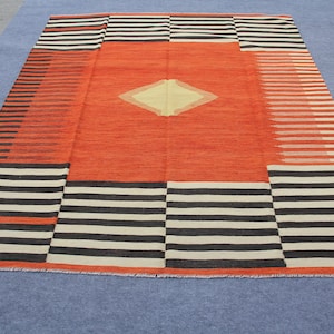 black white and orange flat weave kilim rug, 8x10 striped multi color kilim, unique design kilim rug  Size= 8.4 X 10 feet - 255 X 300 CM