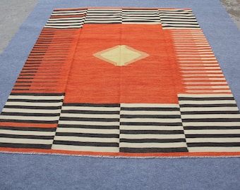 black white and orange flat weave kilim rug, 8x10 striped multi color kilim, unique design kilim rug  Size= 8.4 X 10 feet - 255 X 300 CM