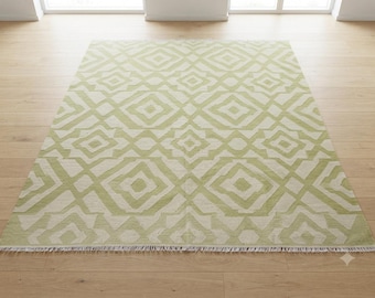 Olive Green Custom Kilim, Handmade Wool Area Rug 8x10 Feet, Geometric Diamond Trellis Rug,