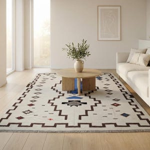 Handmade Wool Rug Custom Geometric Kilim Blue Grey Southwestern Area Rug Boho Wool Carpet image 7