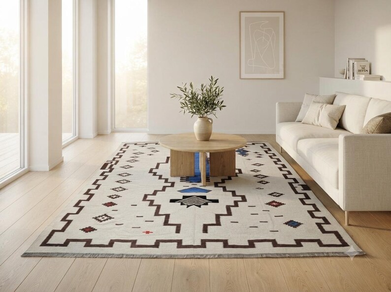 Handmade Wool Rug Custom Geometric Kilim Blue Grey Southwestern Area Rug Boho Wool Carpet image 7
