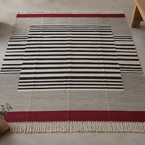 Striped kilim rug, stripe rug, wool rug, dhurrie rug, red black and white rug, living room rug, 9x12 rug, 10x14 rug, 8x10 rug, 4x6 rug, 6x9 image 1