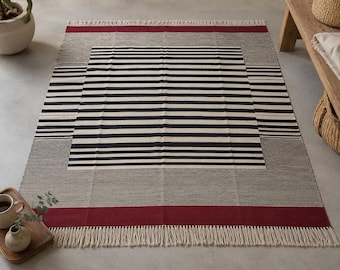 Alfombra kilim a rayas, alfombra de rayas, alfombra de lana, alfombra dhurrie, alfombra roja negra y blanca, alfombra de salón, alfombra de 9x12, alfombra de 10x14, alfombra de 8x10, alfombra de 4x6, 6x9