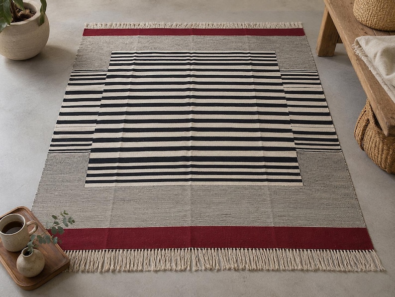 Striped kilim rug, stripe rug, wool rug, dhurrie rug, red black and white rug, living room rug, 9x12 rug, 10x14 rug, 8x10 rug, 4x6 rug, 6x9 image 1