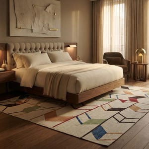 May include: A bedroom featuring a tufted beige headboard, a wooden bed frame, and matching floating nightstands. A large area rug with a geometric pattern in blue, green, red, and brown sits on the wooden floor. A chair and lamp are nearby.
