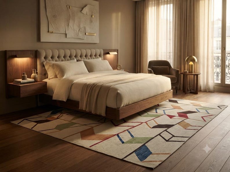 May include: A bedroom featuring a tufted beige headboard, a wooden bed frame, and matching floating nightstands. A large area rug with a geometric pattern in blue, green, red, and brown sits on the wooden floor. A chair and lamp are nearby.