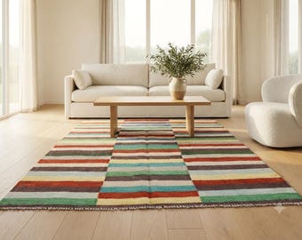 5x6 Colorful Striped Kilim Wool Rug, Handmade Custom Flatweave Area Rug, Boho Chic decor