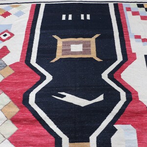 Puede incluir: Una alfombra colorida con un patr&oacute;n geom&eacute;trico. La alfombra tiene un centro negro con un dise&ntilde;o blanco y est&aacute; rodeada de formas geom&eacute;tricas rojas, blancas y azules.