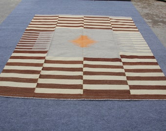 light grey and brown multi color striped kilim rug for sale, unique design living room rug 8x10 Size= 8.6 X 9.9 feet - 262 X 302 CM