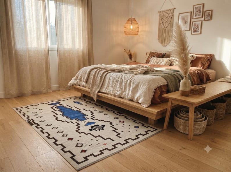 Handmade Wool Rug Custom Geometric Kilim Blue Grey Southwestern Area Rug Boho Wool Carpet image 9