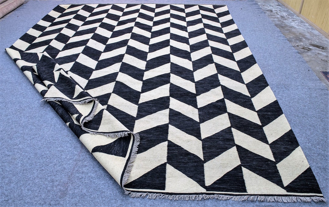 10x 14 Black and White Kilim Area Rug, Tepich Black and White, Cheap