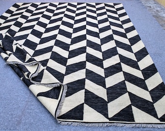 Custom Handmade Kilim Rug Black White | Wool Chevron Flatweave | Boho Area Rug Modern Tribal