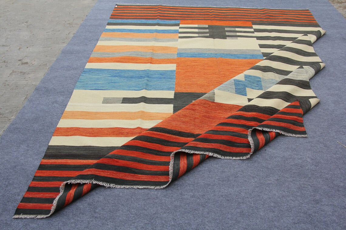 9x12 Striped Kilim Rug Striped Multi Color Flat Weave Rug for Etsy