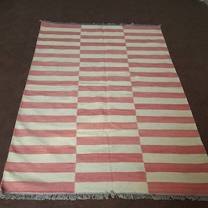 Pink and white rug, striped rug, large kilim rug, area rug, pink and off white rug, dhurrie rug, flat weave rug.  Custom made rug