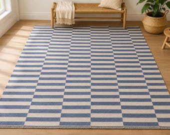 Blue and White Striped Wool Kilim Rug, Handmade Custom Area Rug, Modern Flatweave,