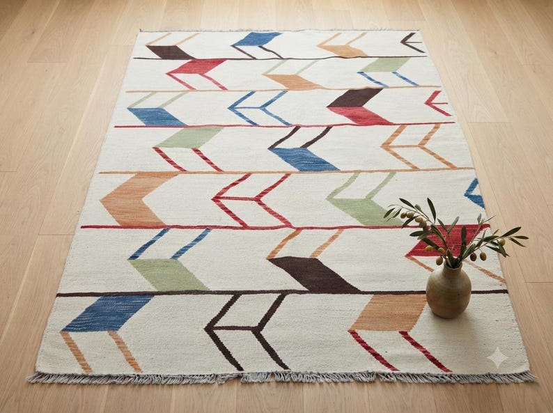 Colorful Geometric Chevron Custom Area Rug, Handmade Custom Wool Kilim, Boho Scandinavian Decor image 1