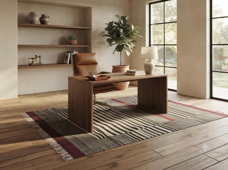 Striped kilim rug, stripe rug, wool rug, dhurrie rug, red black and white rug, living room rug, 9x12 rug, 10x14 rug, 8x10 rug, 4x6 rug, 6x9 image 17