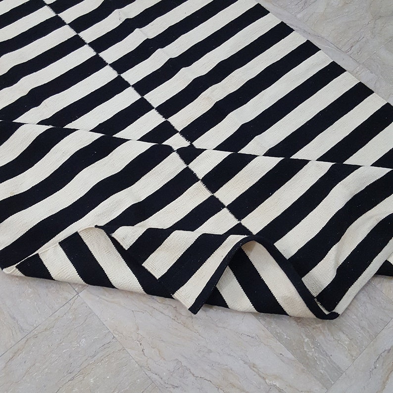Black and ivory/beige striped rug handmade striped kilim rug Etsy
