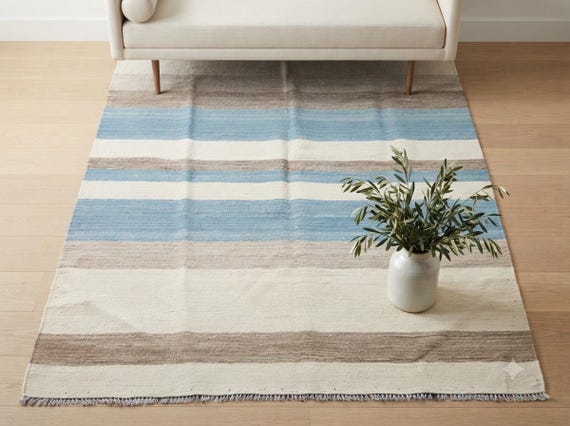 Custom Handmade Wool Kilim Rug - Blue and Beige Striped Area Rug, Scandinavian Flatweave,