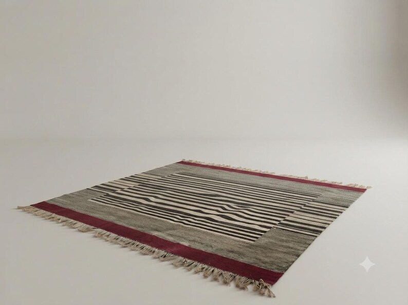 Striped kilim rug, stripe rug, wool rug, dhurrie rug, red black and white rug, living room rug, 9x12 rug, 10x14 rug, 8x10 rug, 4x6 rug, 6x9 image 16