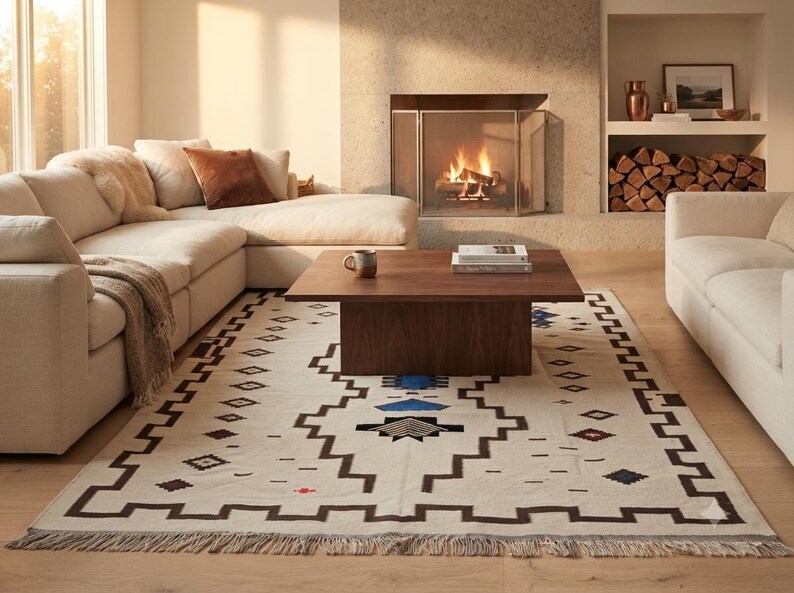Handmade Wool Rug Custom Geometric Kilim Blue Grey Southwestern Area Rug Boho Wool Carpet image 3