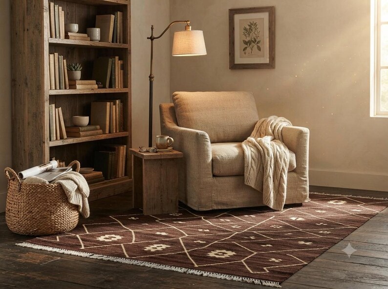 7x10 Brown Kilim Wool Rug, Handmade Geometric Diamond Area Rug, Custom Flatweave, boho decor image 12