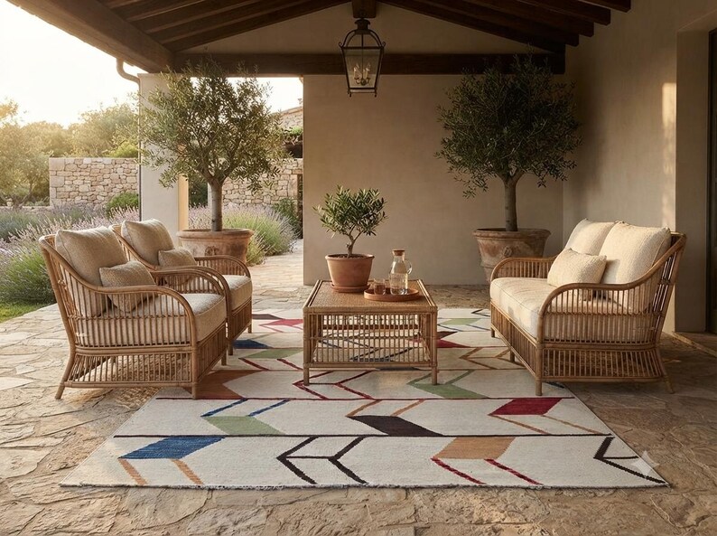May include: A patio furniture set consisting of two armchairs and a sofa with light beige cushions, arranged around a rectangular wooden coffee table. The furniture sits on a large area rug featuring a repeating geometric arrow pattern in blue, green, red, and tan.
