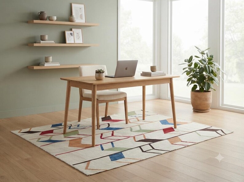 May include: A rectangular light wood desk with four tapered legs and a matching upholstered chair. The desk holds a laptop, a small potted succulent, and a stack of books. A cream-colored area rug features a geometric pattern in blue, red, and green.