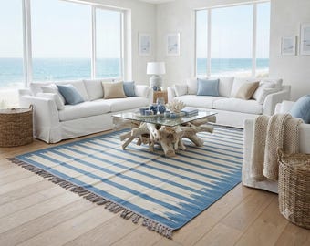 Tapete Kilim listrado feito à mão, tapete plano em tons de azul e bege, tamanho personalizado, decoração minimalista escandinava.