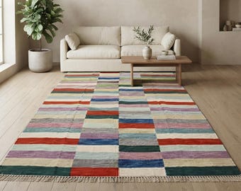 7x10 Multi Color Kilim, Handmade Wool Area Rug, Boho Geometric  Rug, Custom Size