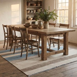 Op de afbeelding: Een rechthoekige houten eettafel met vier bijpassende stoelen, geplaatst op een groot vloerkleed met horizontale strepen in blauw-, beige- en wittinten. Op de tafel staan diverse keramische kommen en een kan met groen.
