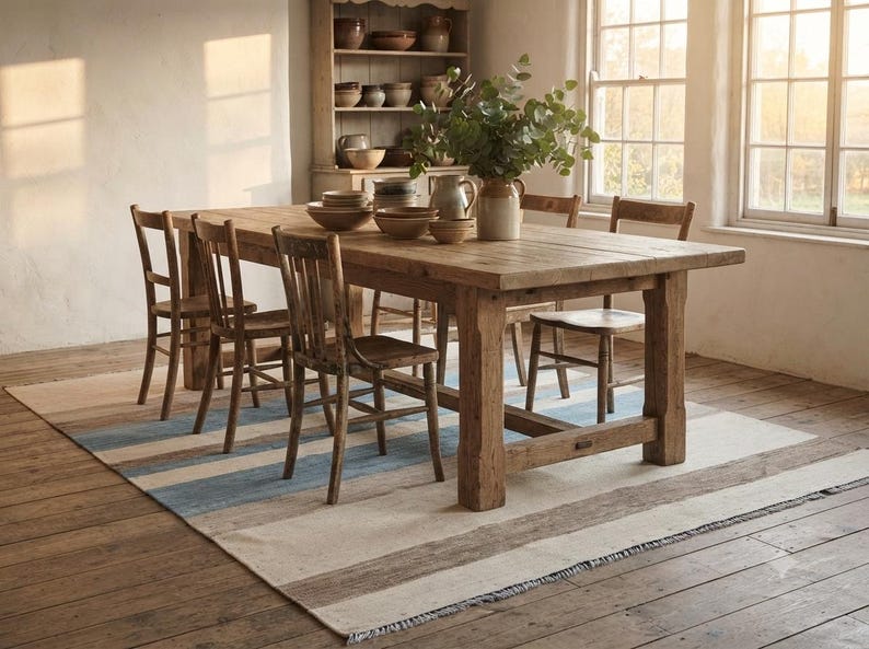 Op de afbeelding: Een rechthoekige houten eettafel met vier bijpassende stoelen, geplaatst op een groot vloerkleed met horizontale strepen in blauw-, beige- en wittinten. Op de tafel staan diverse keramische kommen en een kan met groen.