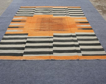 8x10 multi color striped area kilim rug, black and orange kilim rug, hall size kilim rug for sale, Size= 8.2 X 9.7 feet - 250 X 297 CM