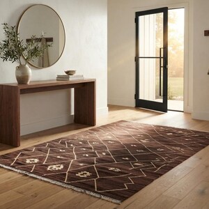 7x10 Brown Kilim Wool Rug, Handmade Geometric Diamond Area Rug, Custom Flatweave, boho decor image 5