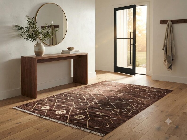 7x10 Brown Kilim Wool Rug, Handmade Geometric Diamond Area Rug, Custom Flatweave, boho decor image 5