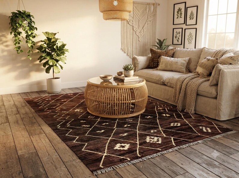 7x10 Brown Kilim Wool Rug, Handmade Geometric Diamond Area Rug, Custom Flatweave, boho decor image 15