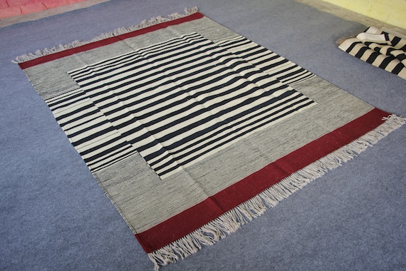 Striped kilim rug, stripe rug, wool rug, dhurrie rug, red black and white rug, living room rug, 9x12 rug, 10x14 rug, 8x10 rug, 4x6 rug, 6x9