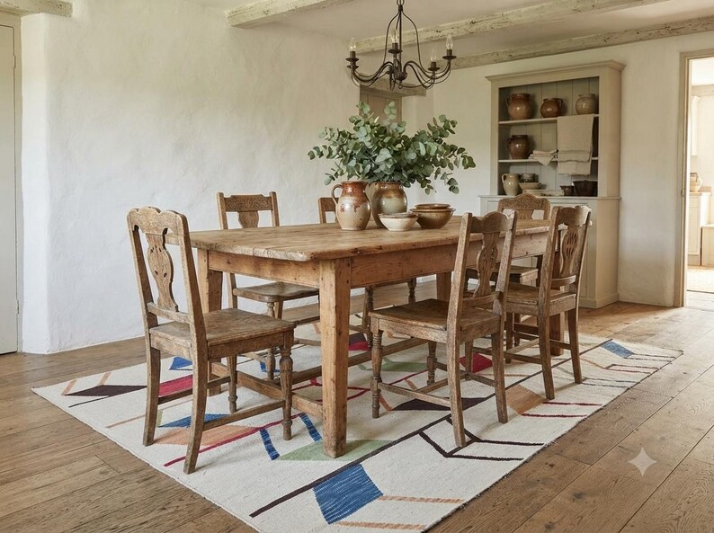 May include: A rectangular wooden dining table with four matching chairs featuring carved backrests. The table is set on a large area rug with a white base and a geometric pattern of blue, red, and green lines. A ceramic pitcher and bowl sit on the table.