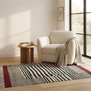 Striped kilim rug, stripe rug, wool rug, dhurrie rug, red black and white rug, living room rug, 9x12 rug, 10x14 rug, 8x10 rug, 4x6 rug, 6x9 image 15