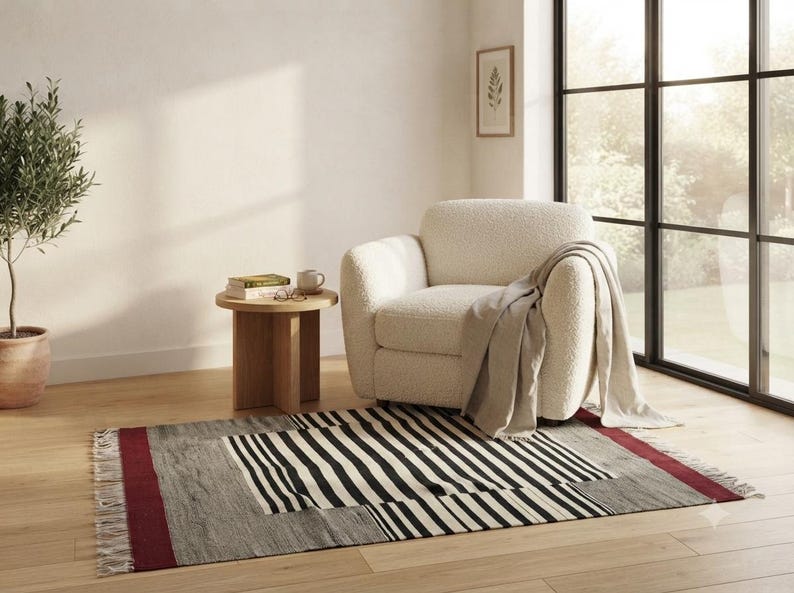 Striped kilim rug, stripe rug, wool rug, dhurrie rug, red black and white rug, living room rug, 9x12 rug, 10x14 rug, 8x10 rug, 4x6 rug, 6x9 image 15