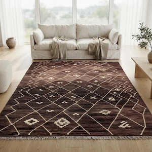 7x10 Brown Kilim Wool Rug, Handmade Geometric Diamond Area Rug, Custom Flatweave, boho decor image 1
