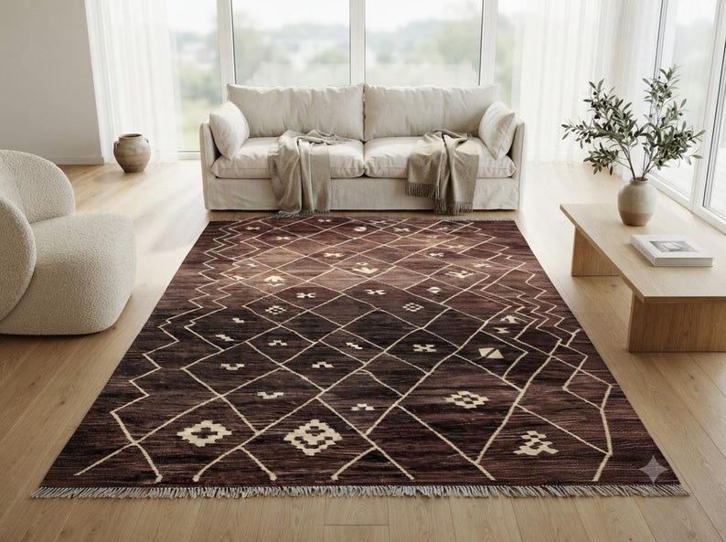 7x10 Brown Kilim Wool Rug, Handmade Geometric Diamond Area Rug, Custom Flatweave, boho decor image 1