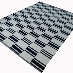 Striped rug, black and ivory rug, stripe rug, black and white rug, wool kilim rug, dhurrie rug, modern striped rug, flat weave rug, 8x10 rug