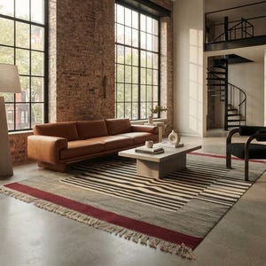 Striped kilim rug, stripe rug, wool rug, dhurrie rug, red black and white rug, living room rug, 9x12 rug, 10x14 rug, 8x10 rug, 4x6 rug, 6x9 image 18