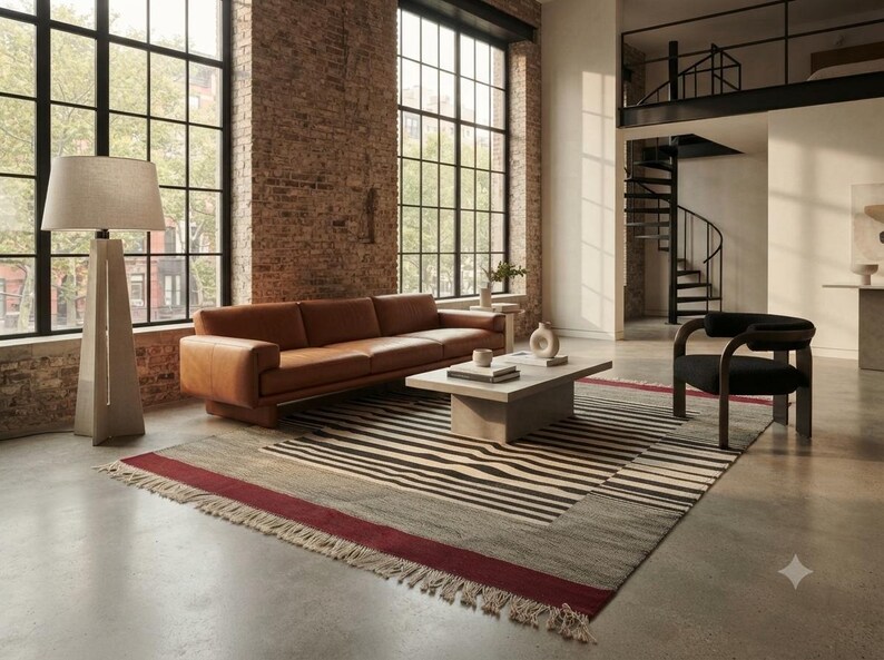 Striped kilim rug, stripe rug, wool rug, dhurrie rug, red black and white rug, living room rug, 9x12 rug, 10x14 rug, 8x10 rug, 4x6 rug, 6x9 image 18